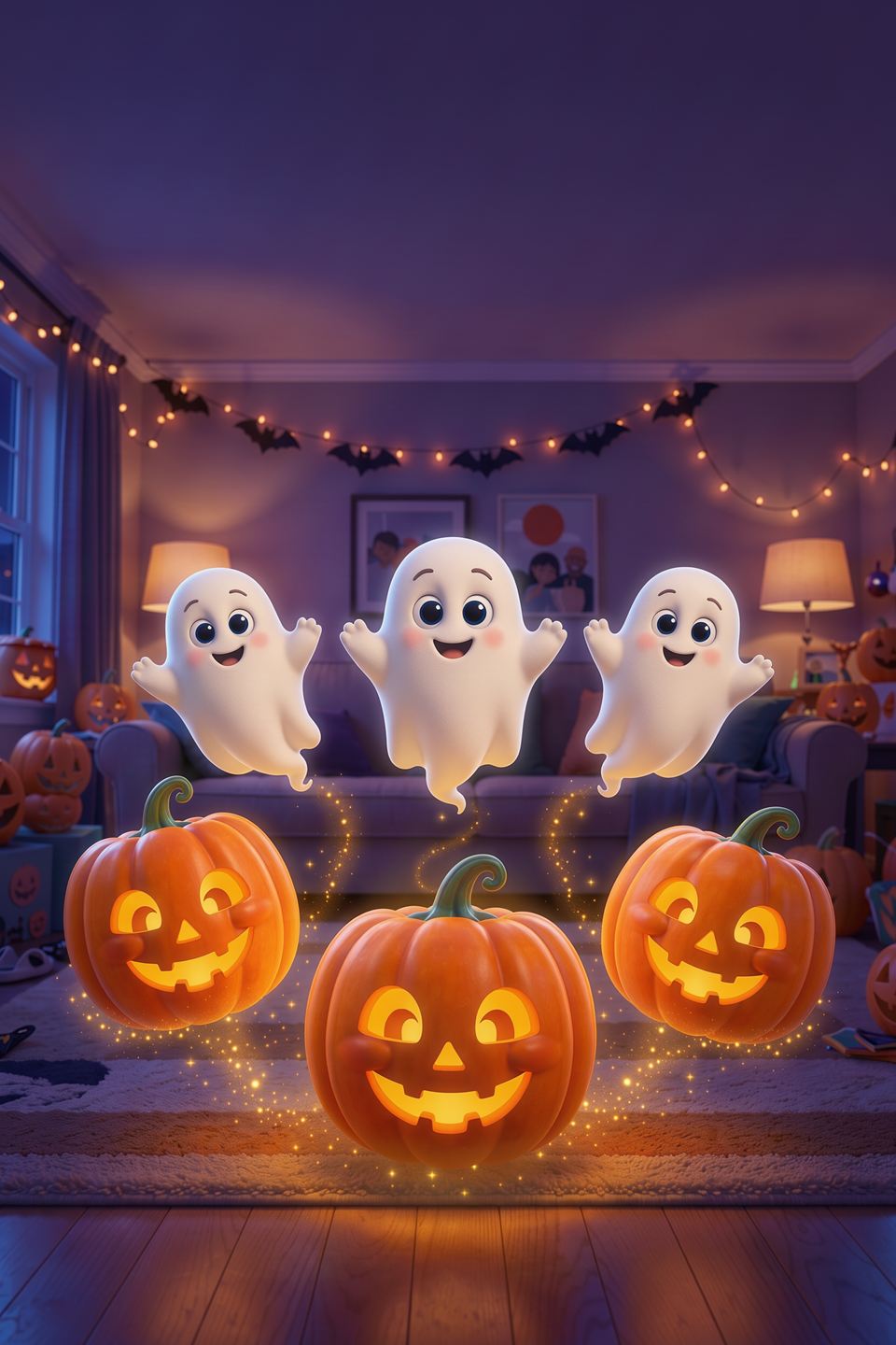 Glowing magic pumpkins and smiling little ghosts fly around a living room during a Halloween party